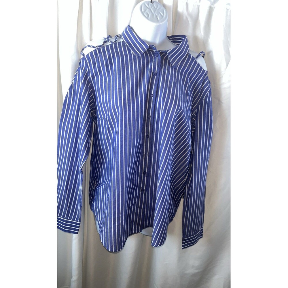 Hyfve Women’s Blue/ White Striped Cold Shoulder Button Up Shirt Suze L
